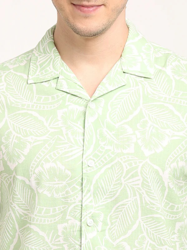 Indian Terrain Men's Slim Fit Half Sleeve Tropical Print Green Shirt